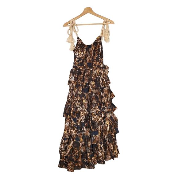 Ulla Johnson Estela Asymmetric Tiered Floral-Print Dress Bronze Brown Size 2 - Picture 3 of 12